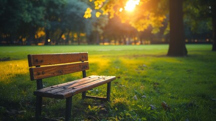 Lonely Bench In Park At Sunset.