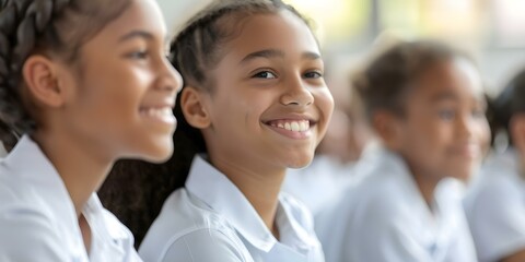 Fototapeta premium Diverse students in uniform happily chatting at tables enjoying inclusive education. Concept Education, Diversity, Inclusion, Students, School
