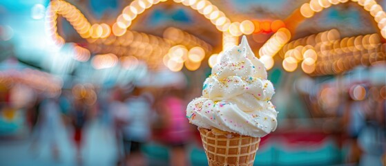 Summer Delight: Vanilla Ice Cream Cone Beside Vibrant Carnival Ride | High Definition Photography