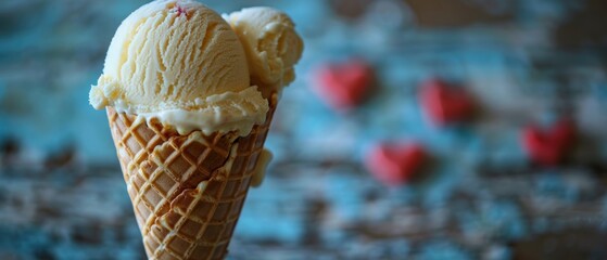 Sweet Vanilla Delight: Heart-shaped Waffle Cone Filled with Vanilla Ice Cream - High-Quality Image