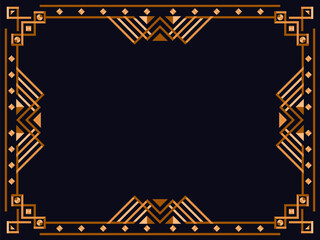 Frame in art deco style in gold color. Vintage linear border. Elegant vintage frame in minimalist style on a black background. Frame design for invitations, flyers and banners. Vector illustration