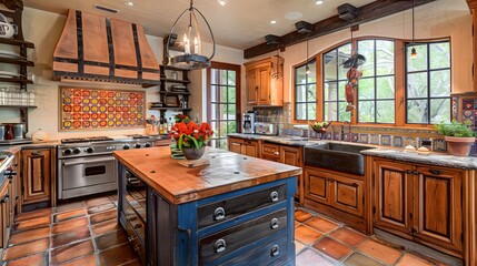 Mediterranean Kitchen: Warm and vibrant with a touch of old-world charm. Terra cotta tiles, wrought iron fixtures, rich wooden cabinets, and colorful backsplashes or mosaics.