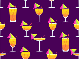 Glass with umbrella and straw seamless pattern. Multi-colored cocktail in a glass. Tropical striped cocktail in a glass with an umbrella and a straw. Design for banner and cover. Vector illustration