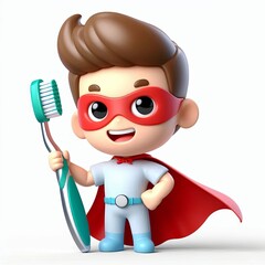 cute man hero brushing teeth cartoon 3d Generative aI