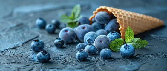 Delicious Vanilla Ice Cream Cone with Fresh Blueberries and Mint Leaves on a Sharp Image