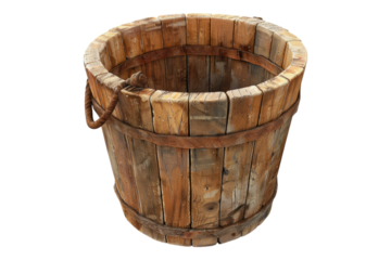 Old wooden bucket isolated on transparent background