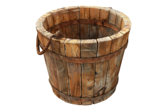 Old wooden bucket isolated on transparent background