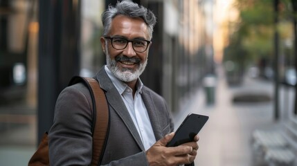 Obraz premium Smiling mature Latin or Indian businessman holding the phone