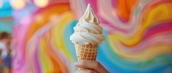 Sweet Treat Against Colorful Backdrop - Vanilla Ice Cream Cone in Front of Vibrant Mural in Crisp