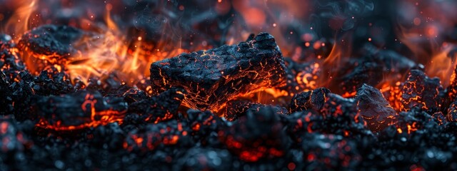  A tight shot of food on a grill with flames and heated coals at its core