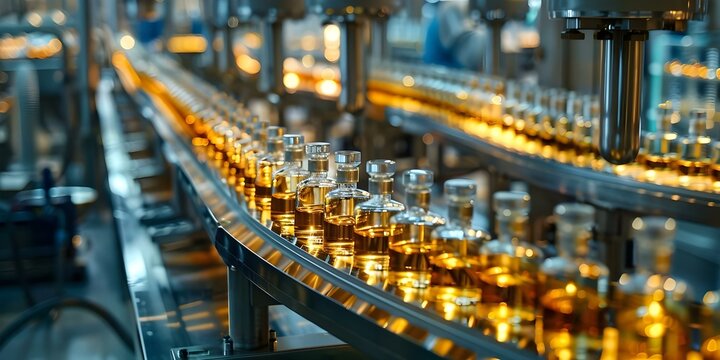 Perfume factory with automated conveyor system for cosmetic oil production. Concept Perfume Manufacturing, Automated Conveyor System, Cosmetic Oil Production, Fragrance Extraction