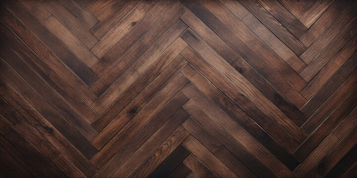 Old dark wooden herringbone plank floor pattern