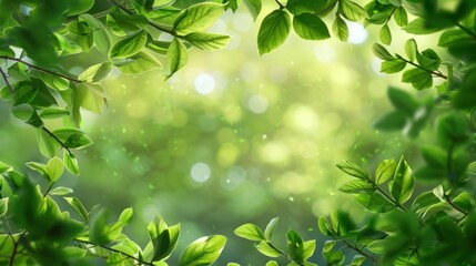 Obraz premium Lush green leaves forming a natural frame with a vibrant, sun-dappled background, evoking the tranquility and beauty of nature in summer.