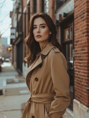 Obraz premium Stylish woman in a trench coat walking on an urban street with brick buildings in the background, exuding confidence and elegance.