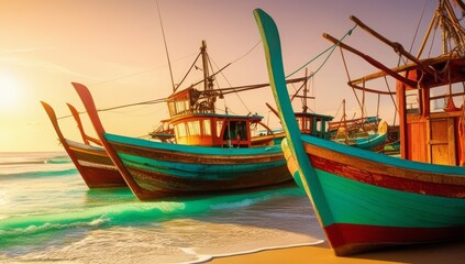 Fototapeta premium A digital art fishing boats on beach during summer