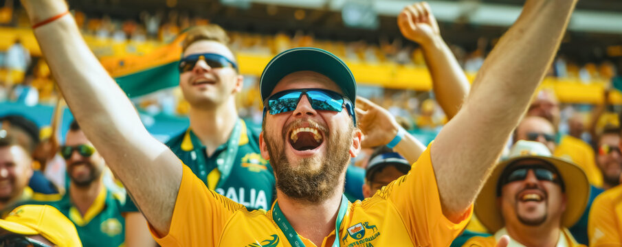 Energetic Crowd of Australian Cricket Enthusiasts. A diverse crowd of cricket fans, including young adults with fair skin, passionately supporting their team in the stadium.
