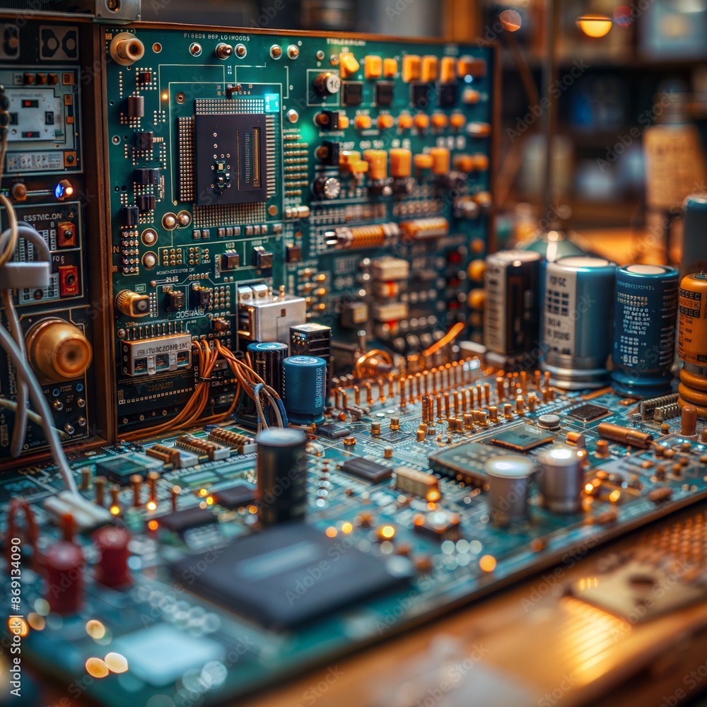 Poster close-up of electronic circuit boards with components in a tech workshop setting