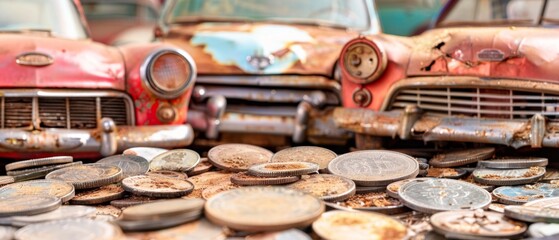Car graveyard and scrap coins. Concept old car crisis and price war