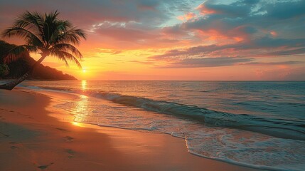 A beautiful sunset over the ocean with a palm tree in the foreground