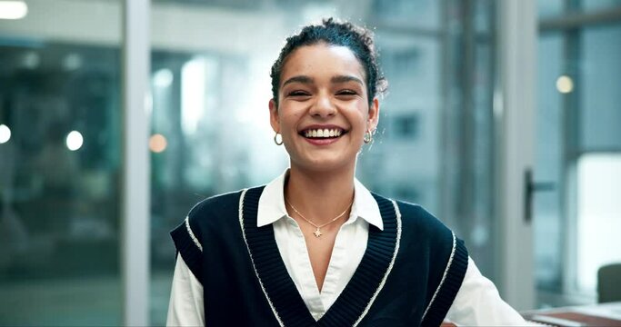 Face, smile for design and business woman in office, journalist job and creative employee in agency. Portrait, happy or funny with confident young person at company workplace for artistic career