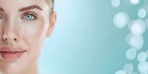 Naklejka premium Womans portrait with molecular structure on blue background for facial serum ad. Concept Beauty Products, Science and Technology, Advertising, Skincare, Portrait Photography