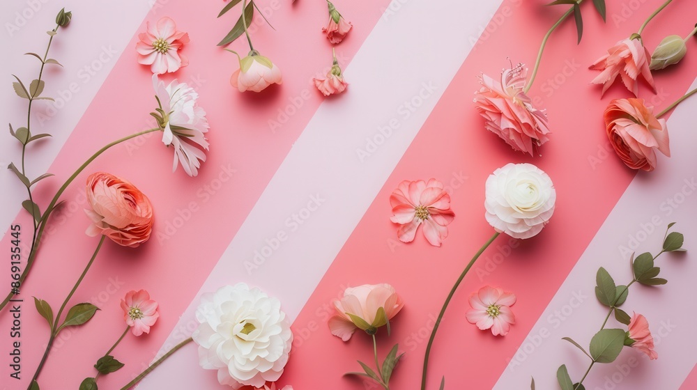 Leinwandbilder minimalist geometric floral pattern on a pink and white diagonal stripe background. perfect for mode