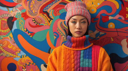 Fototapeta premium A beautiful Asian model standing in front of a colorful mural. She is wearing a multicolored turtleneck knit sweater and a stocking cap.