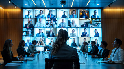 Business Team Engaging in a Large Virtual Meeting with Multiple Video Screens in Modern Conference Room - Powered by Adobe