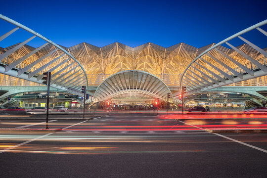 Lisbon, Portugal - November, 17, 2020: Oriente station taken at the blue hour. This station has been designed by the spanish architect Santiago Calatrava