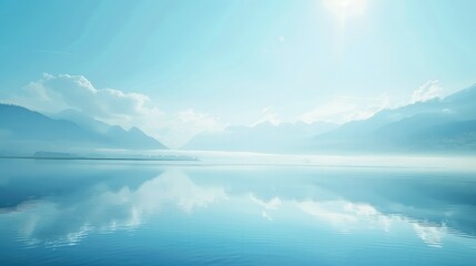 Obraz premium Tranquil lake with a mirror-like reflection of the sky and mountains on a clear, sunny day.