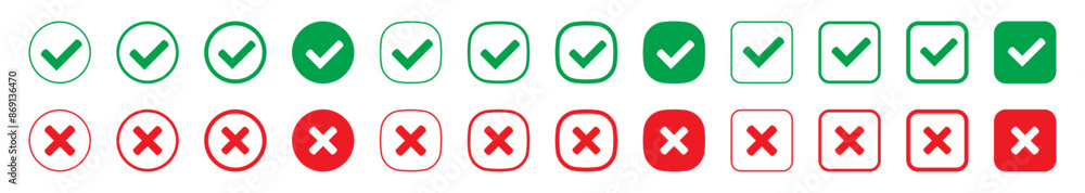 Aufkleber right or wrong icons. green tick and red cross checkmarks. yes or no symbol, approved or rejected ic
