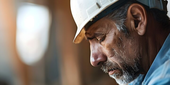 Construction worker looks despondent at site possibly facing job loss or low pay. Concept Job insecurity, Construction worker, Unemployment concerns, Economic challenges, Despair at work