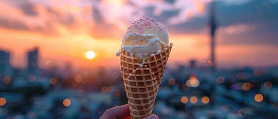 Urban Treats: Hand holding vanilla ice cream cone against city skyline backdrop