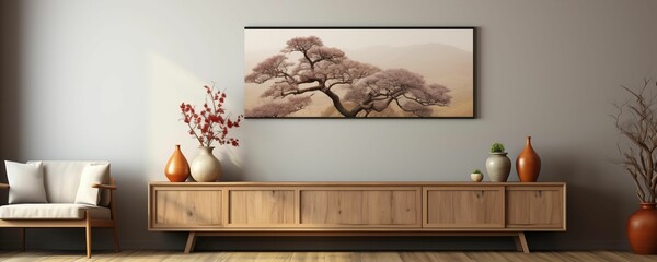 Cozy living room with a couch, table, and plant. Generative ai