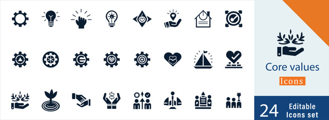 core values flat vector icon collection. Problem Solving, Growth Chart, Honesty, Quality and Creativity vector illustration.