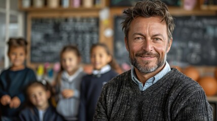 Obraz premium handsome teacher smiling and speaking to students with a chalkboard background in school.