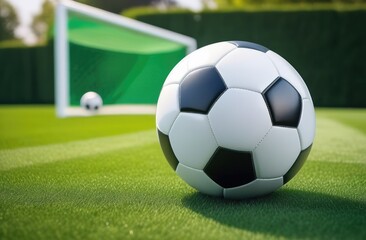 Fototapeta premium Closeup soccer ball on the green field with goal on background