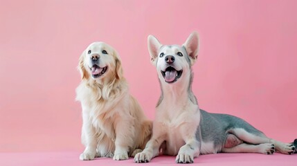 Two Happy Dogs Posing Against a Pink Background