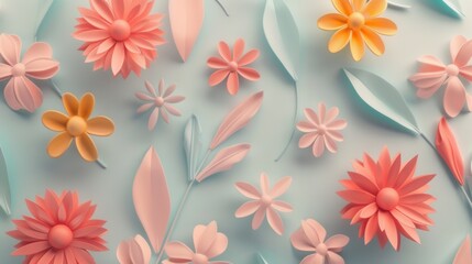 Obraz premium Geometric, paper floral patterns on a light blue background. Generative AI
