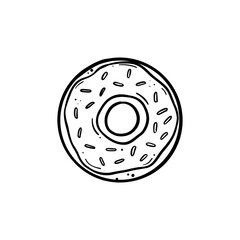 ring doughnut with glaze and sprinkles top view hand drawn doodle line art illustration vector black line on white isolated background