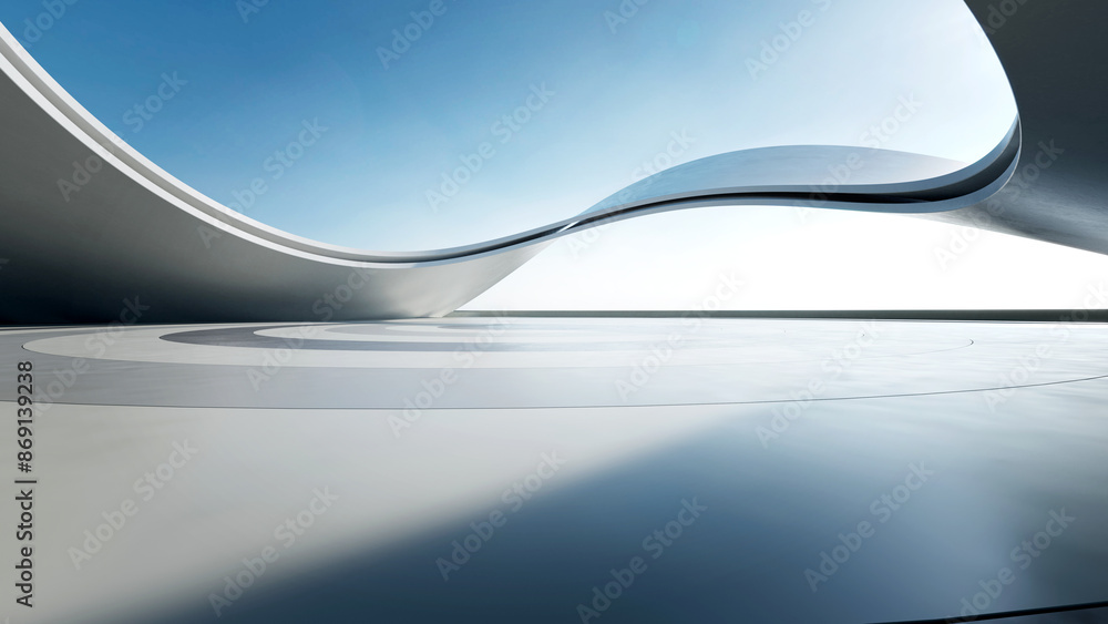 Fototapete 3d render of abstract curve structure futuristic architecture with empty concrete floor