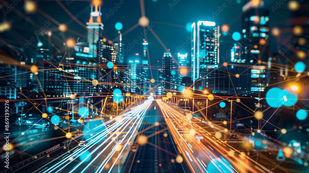 Poster technology connects smart cities and abstract dots through flowing lines, representing the interconn