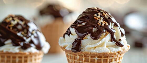 Delicious Ice Cream Cone with Vanilla and Chocolate Sauce in