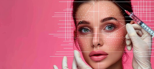Beautiful woman getting fillers in her face for aesthetic purposes on a pink background with space. One hand is holding a needle and the other is wearing medical gloves.