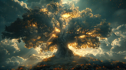 Obraz premium giant tree at edge of world in evening