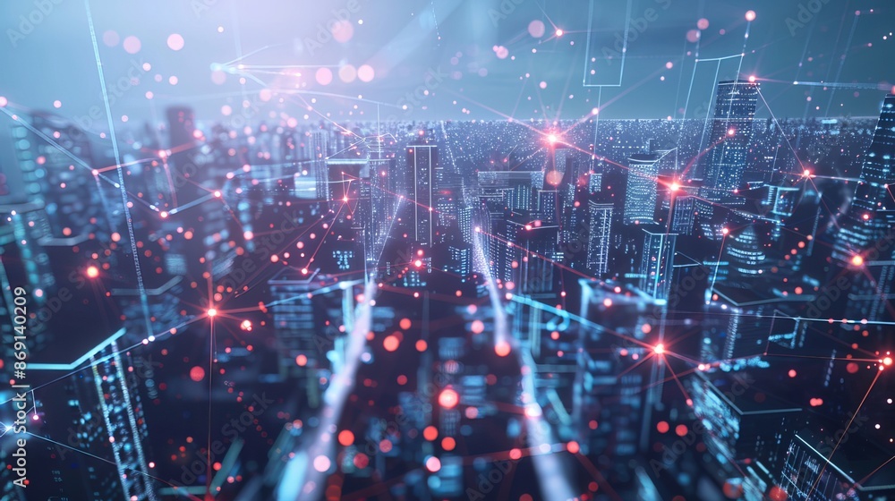 Poster technology connects smart cities and abstract dots through flowing lines, representing the interconn