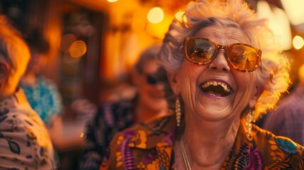 Obraz premium close up of group laughing old women in colorful and sunglasses at bar, sunset light, bokeh, shallow depth of field, dynamic composition, vibrant colors, lively atmosphere, urban setting