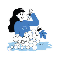 A young girl enjoying fresh grapes, favorite fruit vector illustration