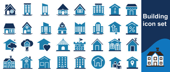 Building icon set. Containing house, office, bank, school, hotel, shop, university and hospital icons. Solid icon collection. Vector illustration.