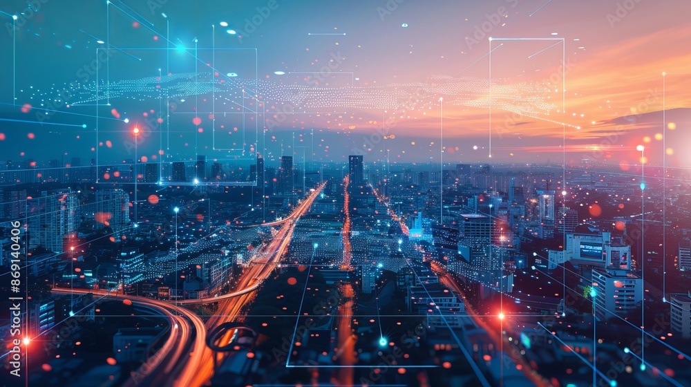 Poster technology connects smart cities and abstract dots through flowing lines, representing the interconn